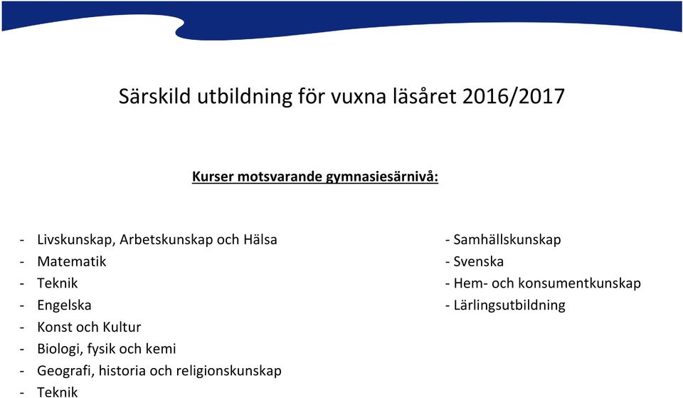 Matematik - Svenska - Teknik - Hem- och konsumentkunskap - Engelska -