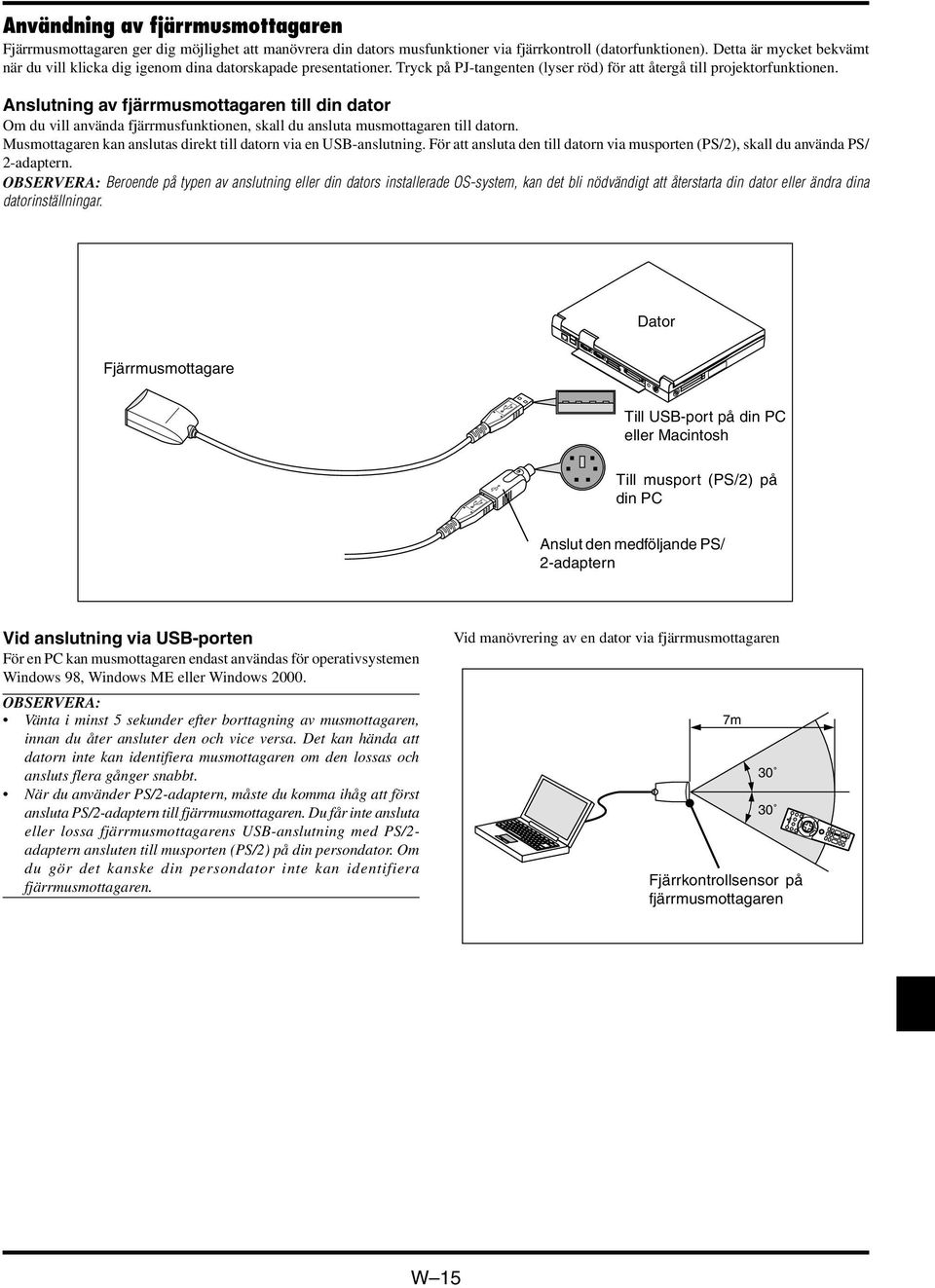 Anslutning av fjärrmusmottagaren till din dator Om du vill använda fjärrmusfunktionen, skall du ansluta musmottagaren till datorn. Musmottagaren kan anslutas direkt till datorn via en USB-anslutning.