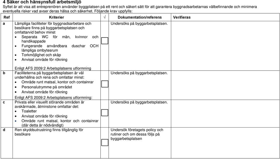 Följande krav uppfylls: Ref Kriterier Dokumentation/referens Verifieras a Lämpliga faciliteter för byggnadsarbetare och besökare finns på byggarbetsplatsen och omfattarvid behov minst Separata WC för