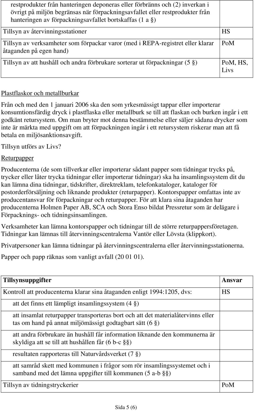 sorterar ut förpackningar (5 ),, Livs Plastflaskor och metallburkar Från och med den 1 januari 2006 ska den som yrkesmässigt tappar eller importerar konsumtionsfärdig dryck i plastflaska eller