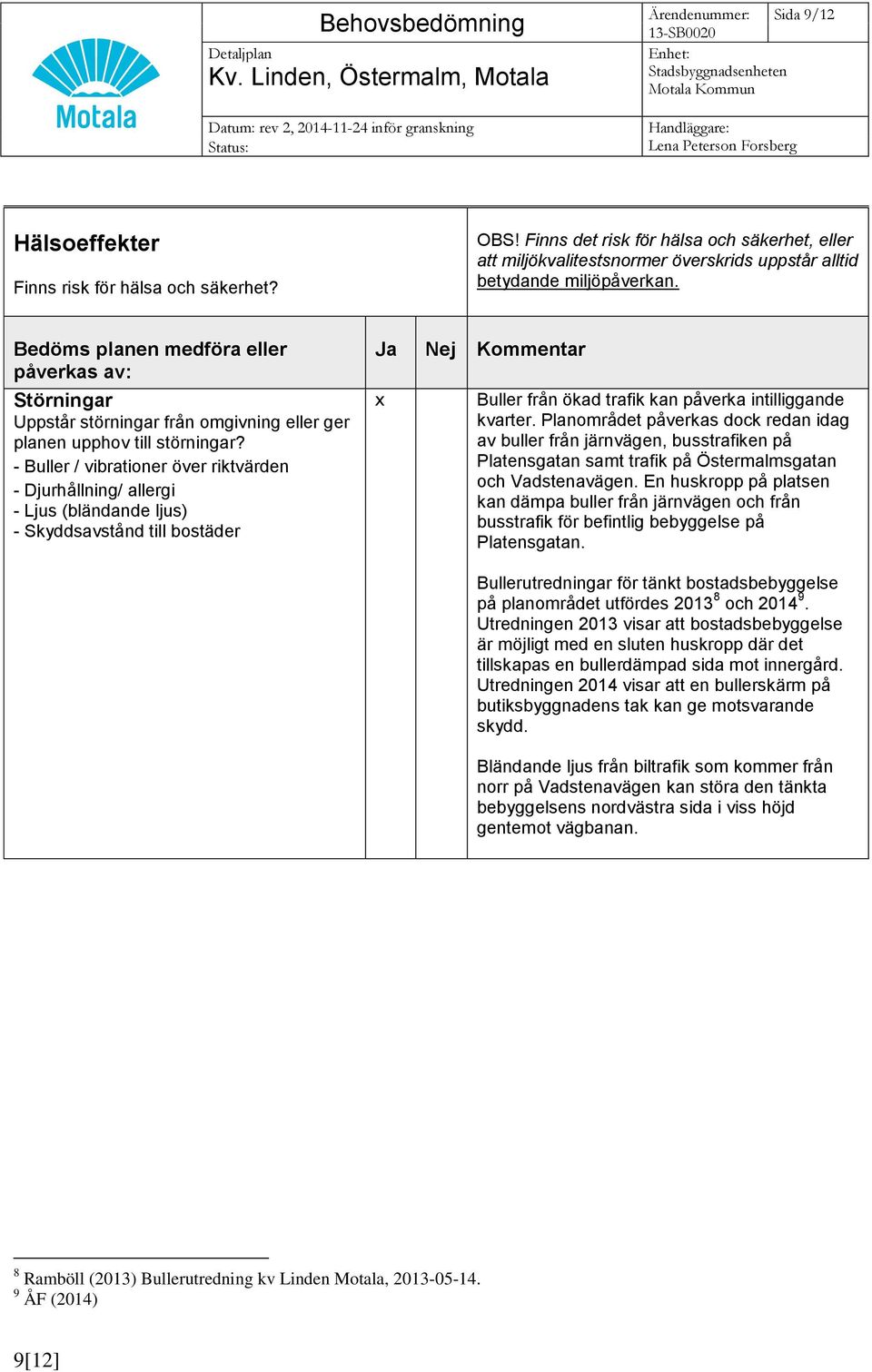 - Buller / vibrationer över riktvärden - Djurhållning/ allergi - Ljus (bländande ljus) - Skyddsavstånd till bostäder Ja Nej Kommentar Buller från ökad trafik kan påverka intilliggande kvarter.