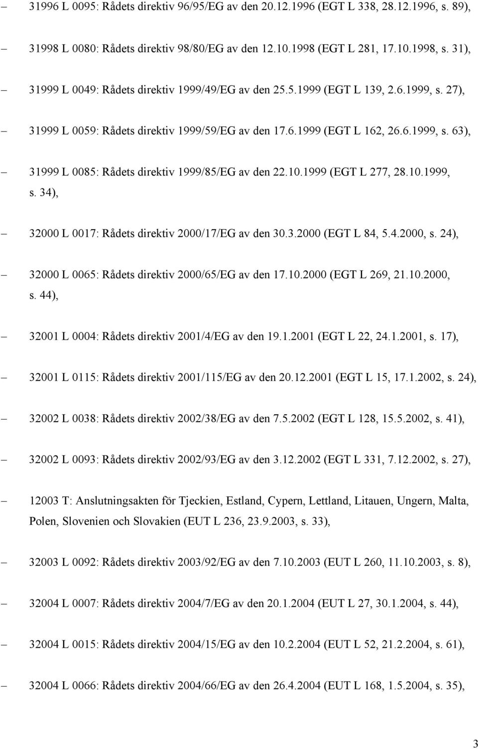 10.1999 (EGT L 277, 28.10.1999, s. 34), 32000 L 0017: Rådets direktiv 2000/17/EG av den 30.3.2000 (EGT L 84, 5.4.2000, s. 24), 32000 L 0065: Rådets direktiv 2000/65/EG av den 17.10.2000 (EGT L 269, 21.