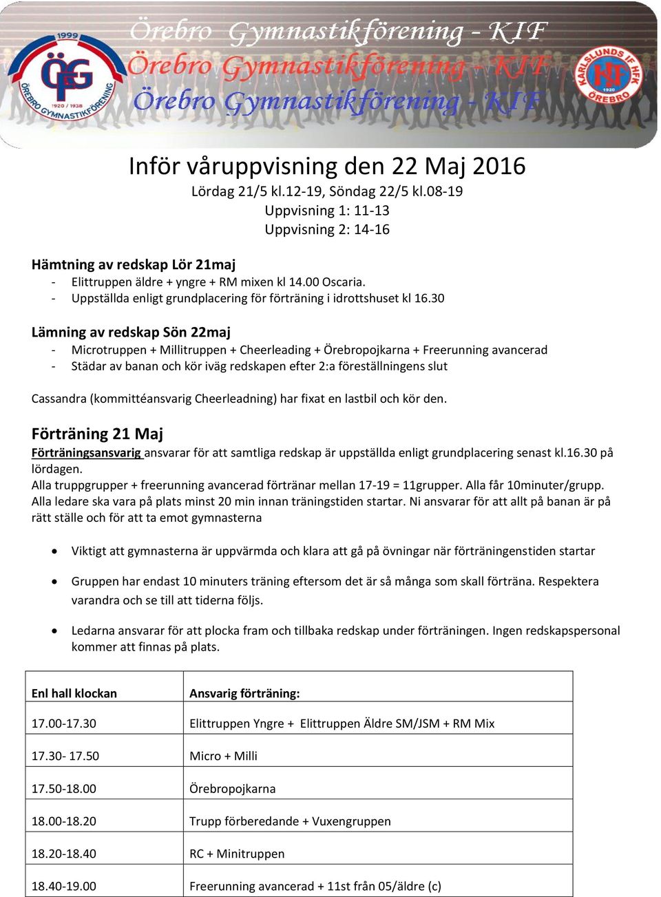 30 Lämning av redskap Sön 22maj - Microtruppen + Millitruppen + Cheerleading + Örebropojkarna + Freerunning avancerad - Städar av banan och kör iväg redskapen efter 2:a föreställningens slut