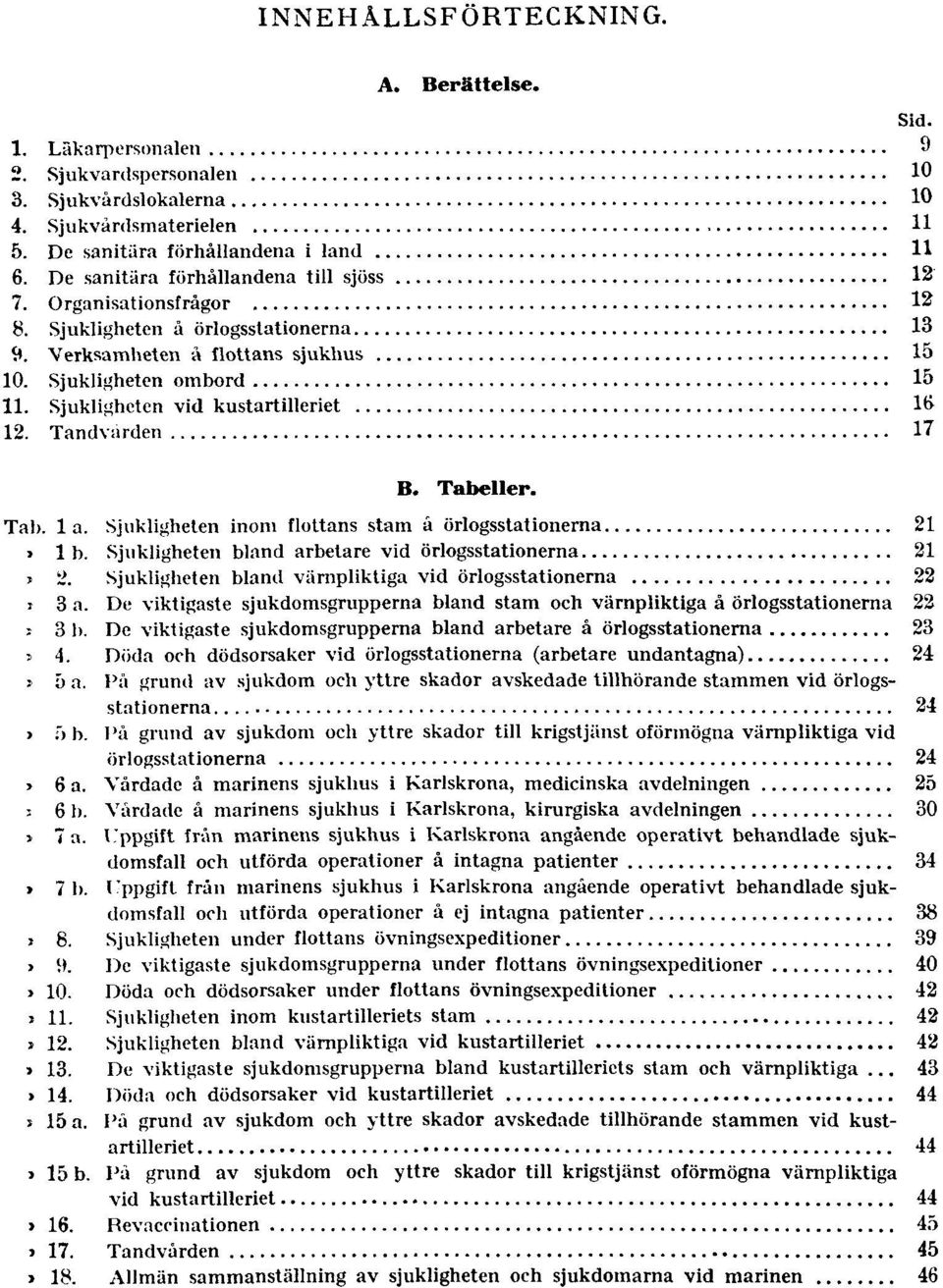 Sjukligheten vid kustartilleriet 16 12. Tandvården 17 B. Tabeller. Tab. 1 a. Sjukligheten inom flottans stam å örlogsstationerna 21 Tab. 1 b. Sjukligheten bland arbetare vid örlogsstationerna 21 Tab.