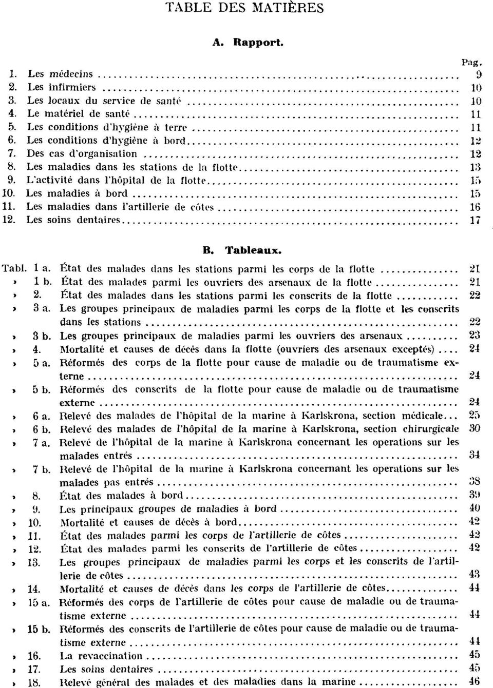 Les maladies dans l'artillerie de côtes 16 12. Les soins dentaires 17 B. Tableaux. Tabl. 1 a. État des malades dans les stations parmi les corps de la flotte 21 Tabl. 1 b.