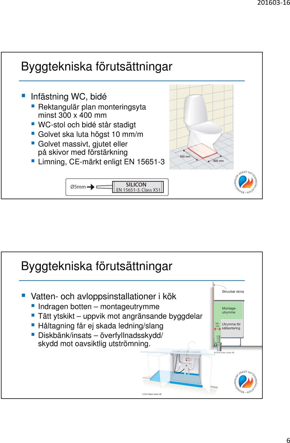 15651-3 Byggtekniska förutsättningar Vatten- och avloppsinstallationer i kök Indragen botten montageutrymme Tätt ytskikt