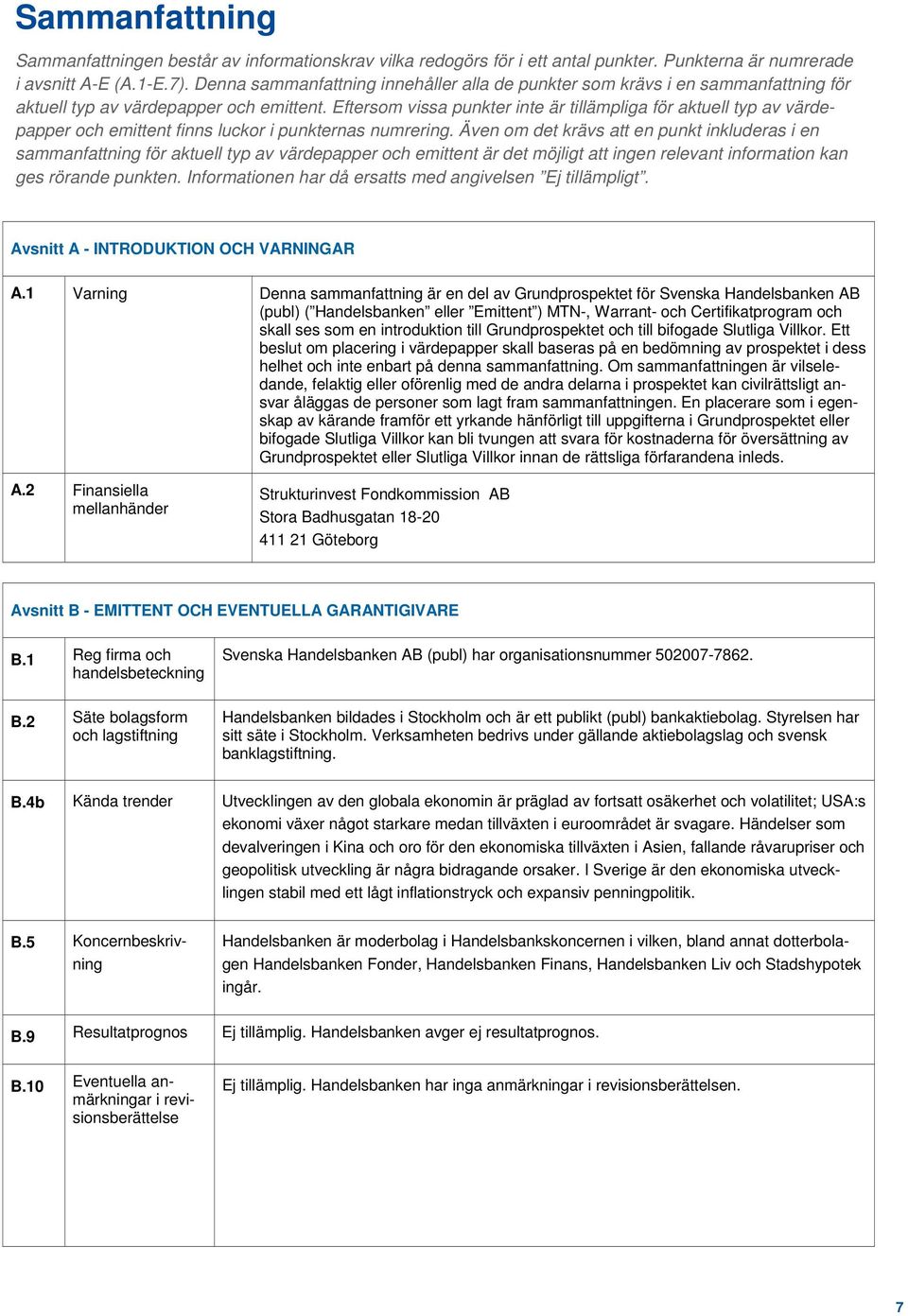 Eftersom vissa punkter inte är tillämpliga för aktuell typ av värdepapper och emittent finns luckor i punkternas numrering.