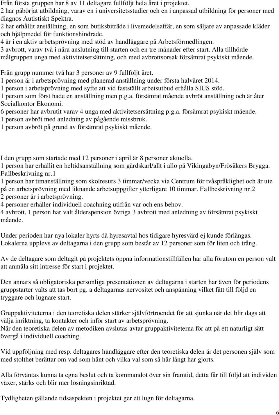 2 har erhållit anställning, en som butiksbiträde i livsmedelsaffär, en som säljare av anpassade kläder och hjälpmedel för funktionshindrade.