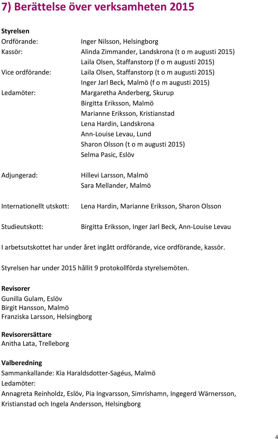 Lena Hardin, Landskrona Ann-Louise Levau, Lund Sharon Olsson (t o m augusti 2015) Selma Pasic, Eslöv Adjungerad: Internationellt utskott: Studieutskott: Hillevi Larsson, Malmö Sara Mellander, Malmö