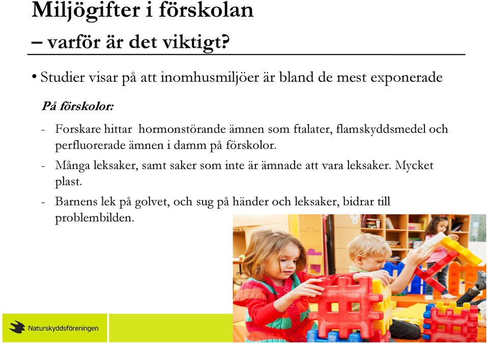 hormonstörande ämnen som ftalater, flamskyddsmedel och perfluorerade ämnen i damm på förskolor.