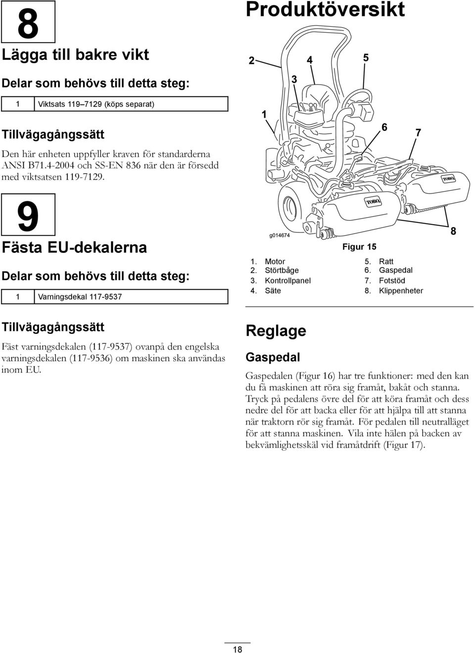 Kontrollpanel 7. Fotstöd 4. Säte 8. Klippenheter 8 Tillvägagångssätt Fäst varningsdekalen (7-9537) ovanpå den engelska varningsdekalen (7-9536) om maskinen ska användas inom EU.