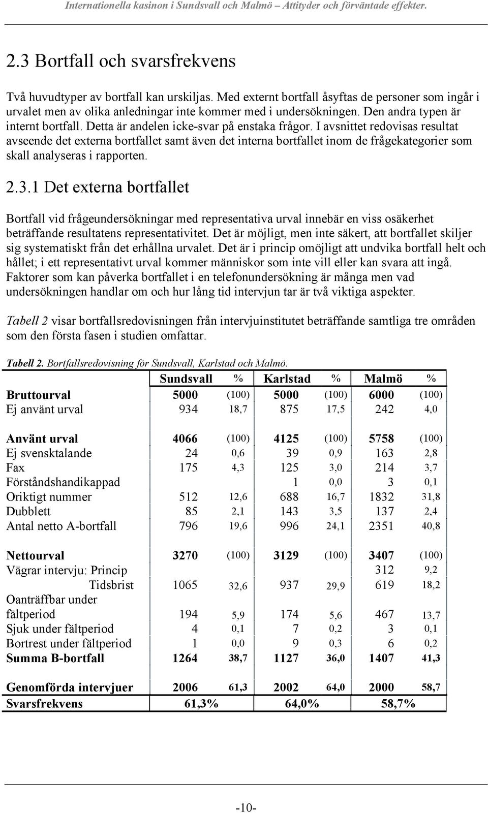 I avsnittet redovisas resultat avseende det externa bortfallet samt även det interna bortfallet inom de frågekategorier som skall analyseras i rapporten. 2.3.