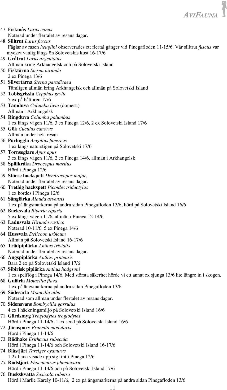Silvertärna Sterna paradisaea Tämligen allmän kring Arkhangelsk och allmän på Solovetski Island 52. Tobisgrissla Cepphus grylle 5 ex på båtturen 17/6 53. Tamduva Columba livia (domest.