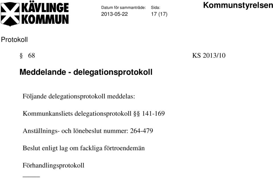 Kommunkansliets delegationsprotokoll 141-169 Anställnings- och