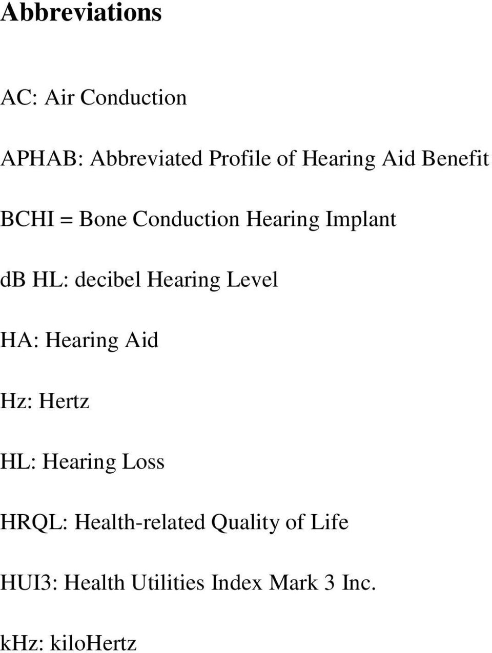 Hearing Level HA: Hearing Aid Hz: Hertz HL: Hearing Loss HRQL: