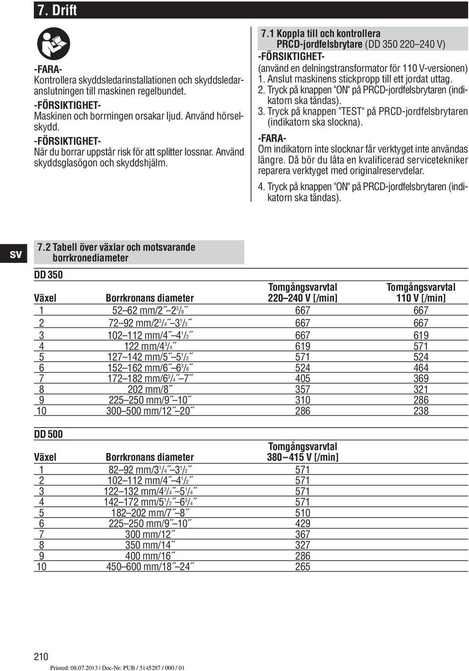 Koppla till och kontrollera PRCD-jordfelsbrytare (DD 0 0 0 V) (använd en delningstransformator för 0 V-versionen). Anslut maskinens stickpropp till ett jordat uttag.