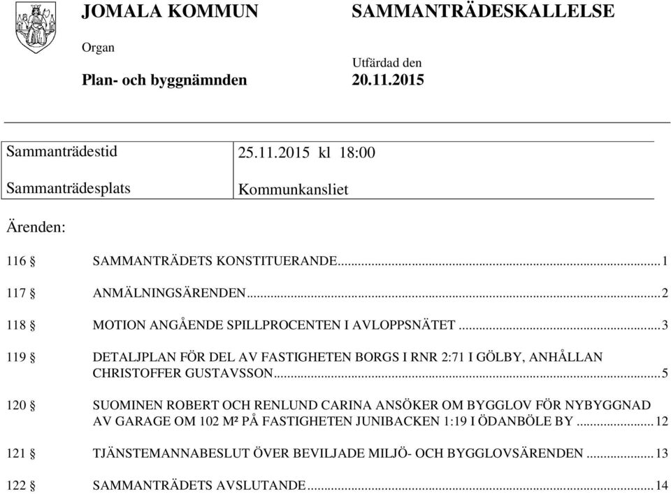 .. 3 119 DETALJPLAN FÖR DEL AV FASTIGHETEN BORGS I RNR 2:71 I GÖLBY, ANHÅLLAN CHRISTOFFER GUSTAVSSON.