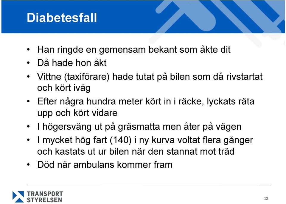 räta upp och kört vidare I högersväng ut på gräsmatta men åter på vägen I mycket hög fart (140) i ny