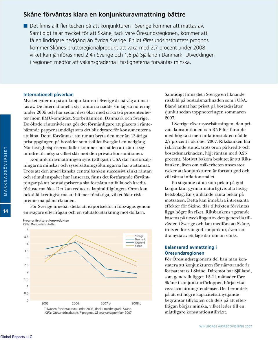 Enligt Øresundsinstituttets prognos kommer Skånes bruttoregionalprodukt att växa med 2,7 procent under 2008, vilket kan jämföras med 2,4 i Sverige och 1,6 på Själland i Danmark.