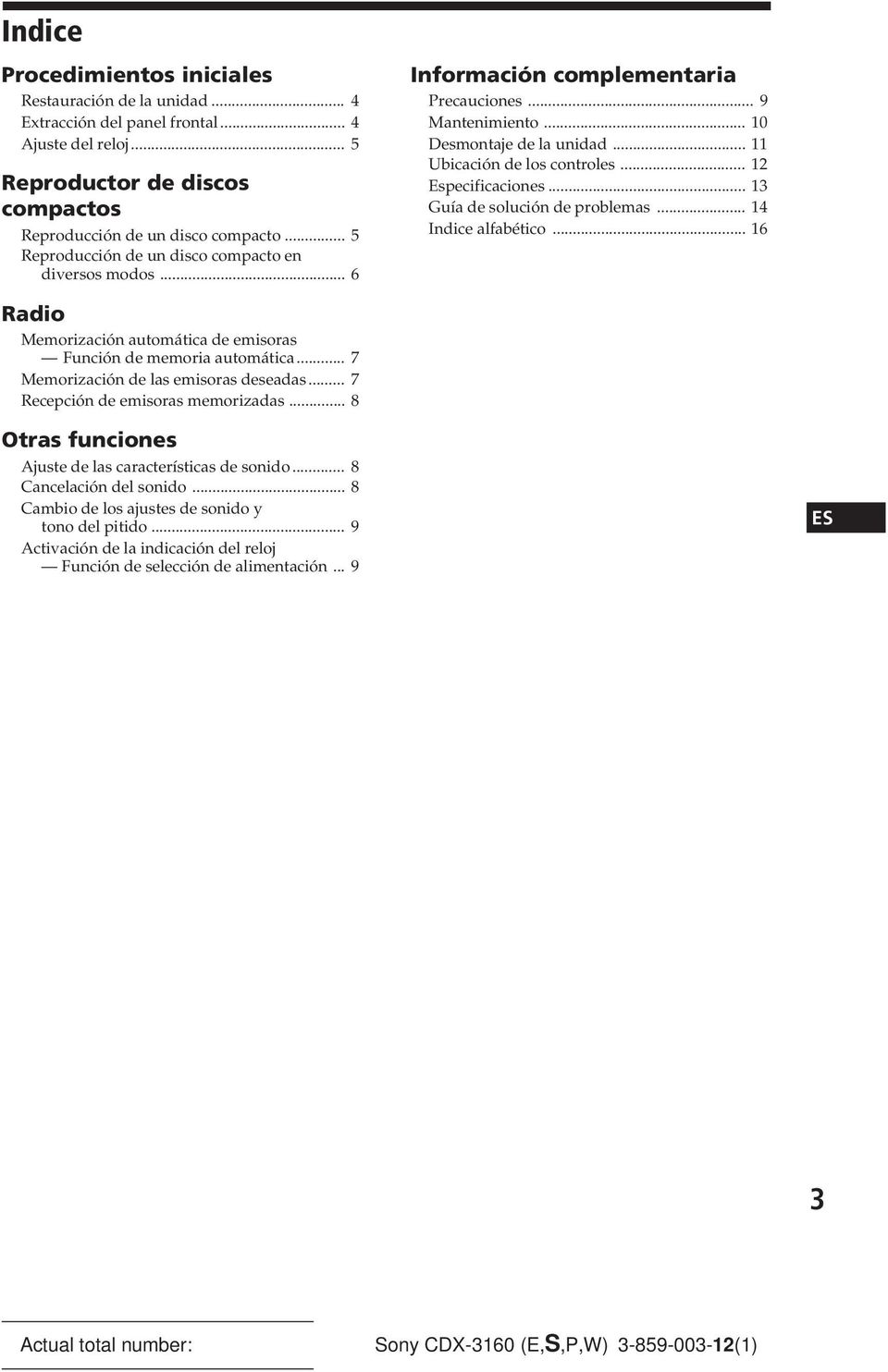 .. 12 Especificaciones... 13 Guía de solución de problemas... 14 Indice alfabético... 16 Radio Memorización automática de emisoras Función de memoria automática.