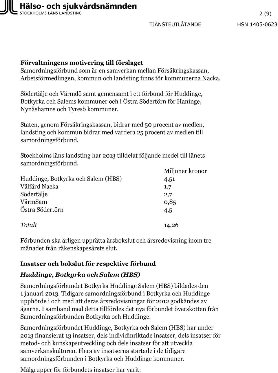 Staten, genom Försäkringskassan, bidrar med 50 procent av medlen, landsting och kommun bidrar med vardera 25 procent av medlen till samordningsförbund.