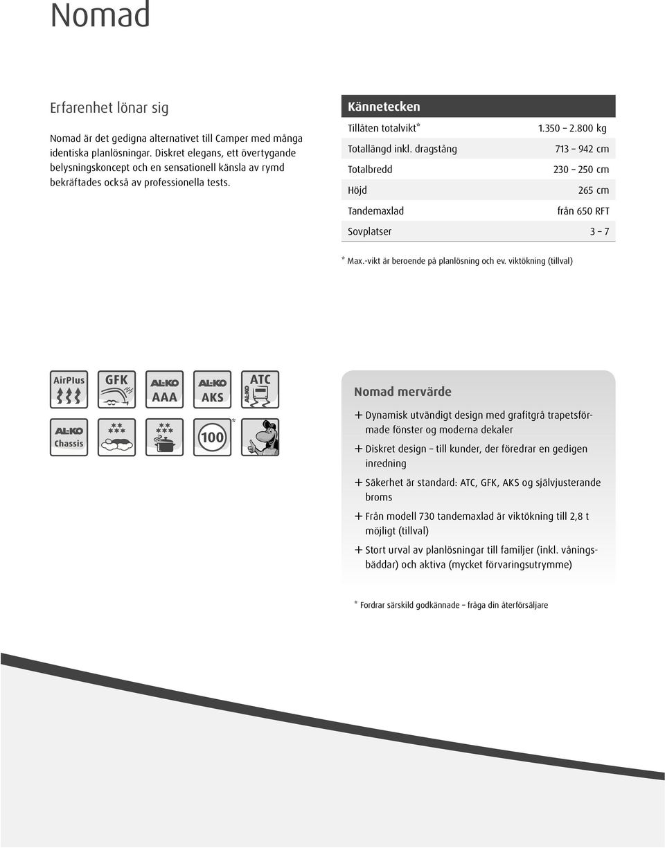 dragstång Totalbredd Höjd Tandemaxlad.350 2.800 kg 73 942 cm 230 250 cm 265 cm från 650 RFT Sovplatser 3 7 * Max.-vikt är beroende på planlösning och ev.