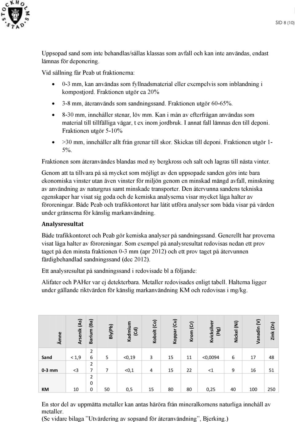 Fraktionen utgör ca 20% 3-8 mm, återanvänds som sandningssand. Fraktionen utgör 60-65%. 8-30 mm, innehåller stenar, löv mm.