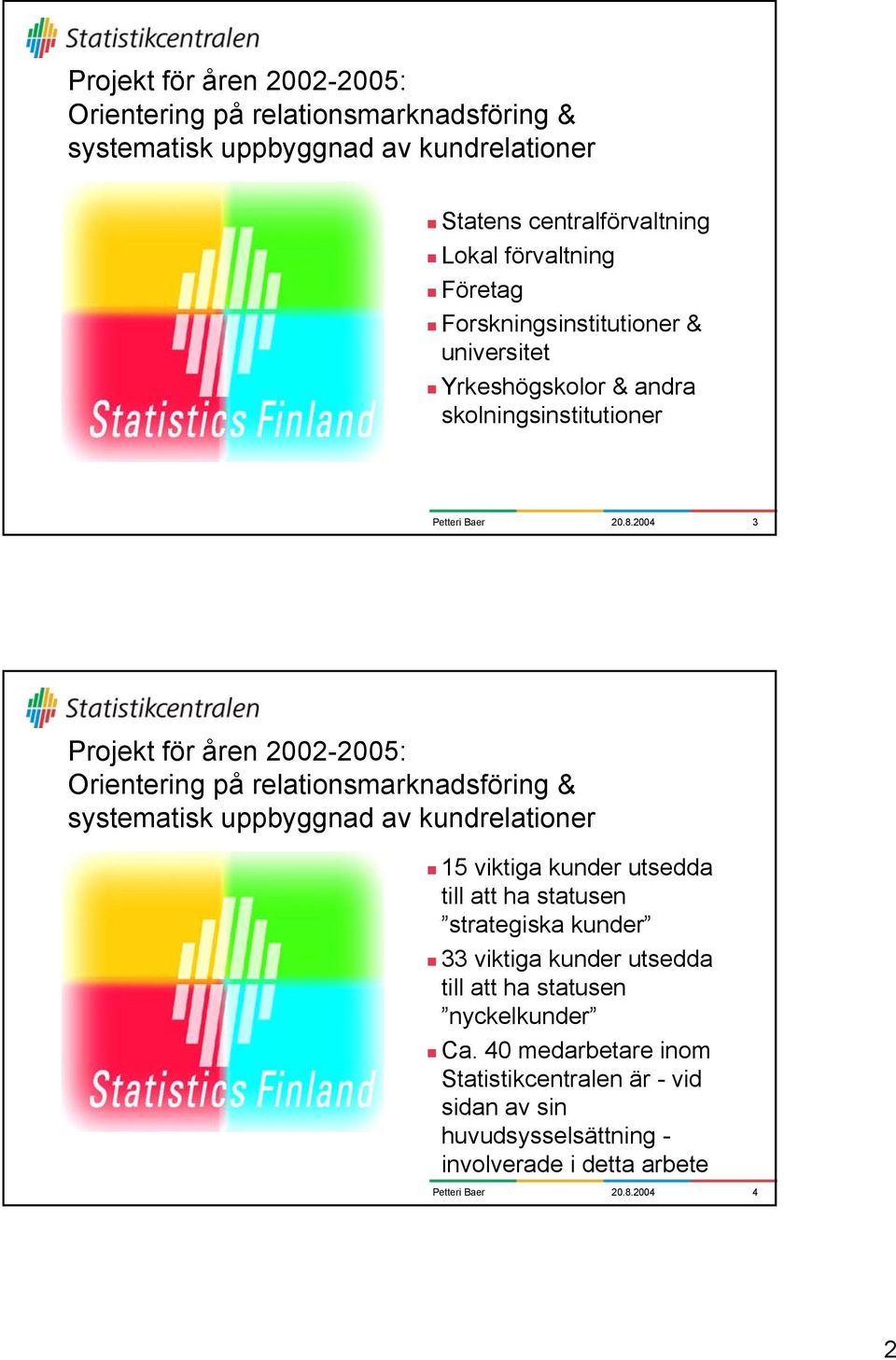 2004 3 Projekt för åren 2002-2005: Orientering på relationsmarknadsföring & systematisk uppbyggnad av kundrelationer 15 viktiga kunder utsedda till att ha