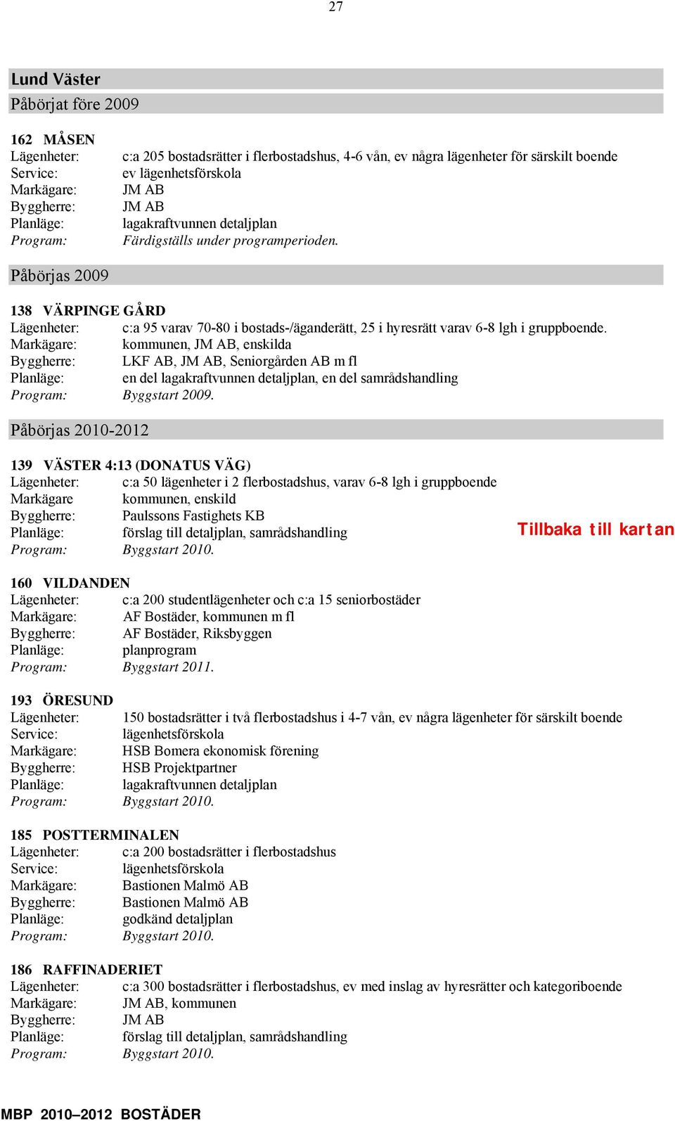 Påörjas 2009 138 VÄRPINGE GÅRD Lägenheter: c:a 95 varav 70-80 i ostads-/äganderätt, 25 i hyresrätt varav 6-8 lgh i gruppoende.