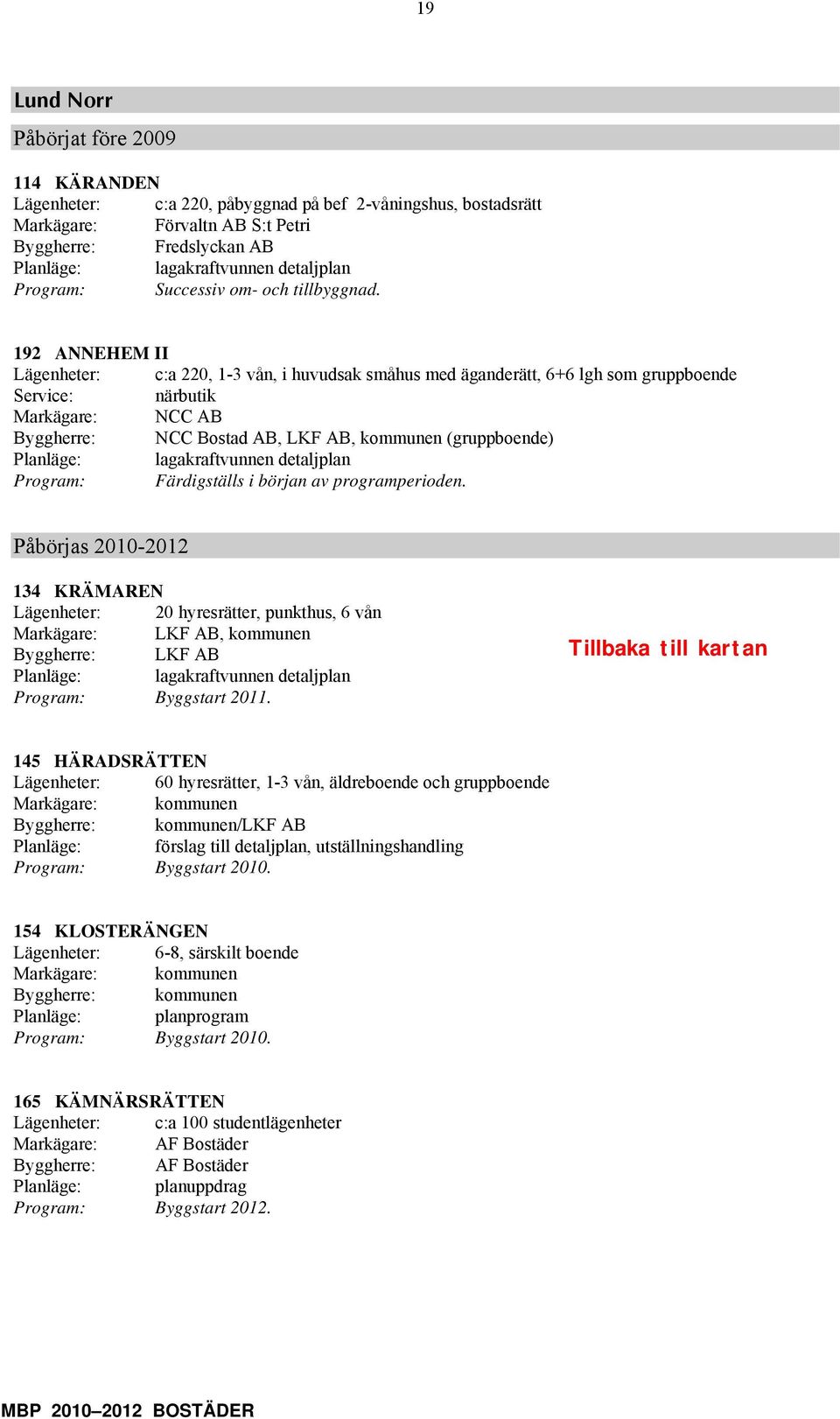 ärdigställs i örjan av programperioden. Påörjas 2010-2012 134 KRÄMREN Lägenheter: 20 hyresrätter, punkthus, 6 vån Markägare: LK B, kommunen Byggherre: LK B Program: Byggstart 2011.