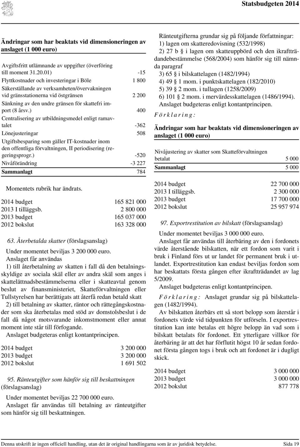 ) 400 Centralisering av utbildningsmedel enligt ramavtalet -362 Lönejusteringar 508 Utgiftsbesparing som gäller IT-kostnader inom den offentliga förvaltningen, II periodisering (regeringsprogr.