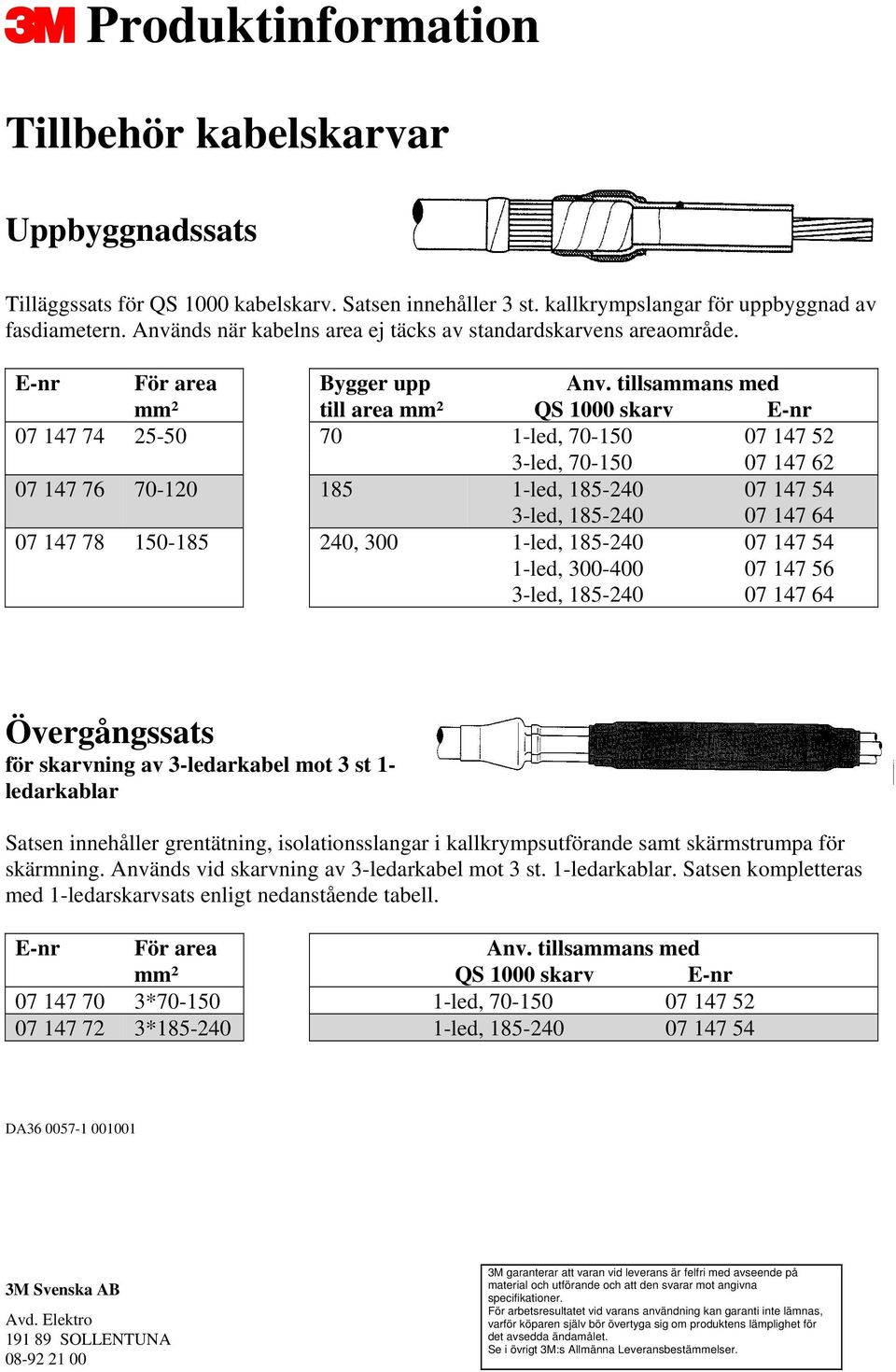 tillsammans med mm² till area mm² QS 1000 skarv E-nr 07 147 74 25-50 70 1-led, 70-150 07 147 52 3-led, 70-150 07 147 62 07 147 76 70-120 185 1-led, 185-240 07 147 54 3-led, 185-240 07 147 64 07 147