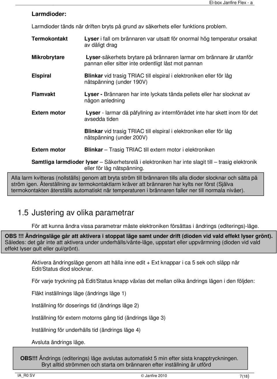 är utanför pannan eller sitter inte ordentligt låst mot pannan Blinkar vid trasig TRIAC till elspiral i elektroniken eller för låg nätspänning (under 190V) Lyser - Brännaren har inte lyckats tända