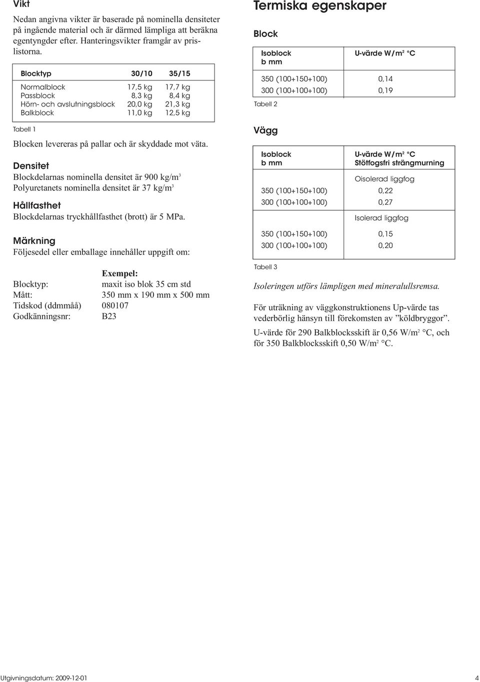 väta. Densitet Blockdelarnas nominella densitet är 900 kg/m 3 Polyuretanets nominella densitet är 37 kg/m 3 Hållfasthet Blockdelarnas tryckhållfasthet (brott) är 5 MPa.