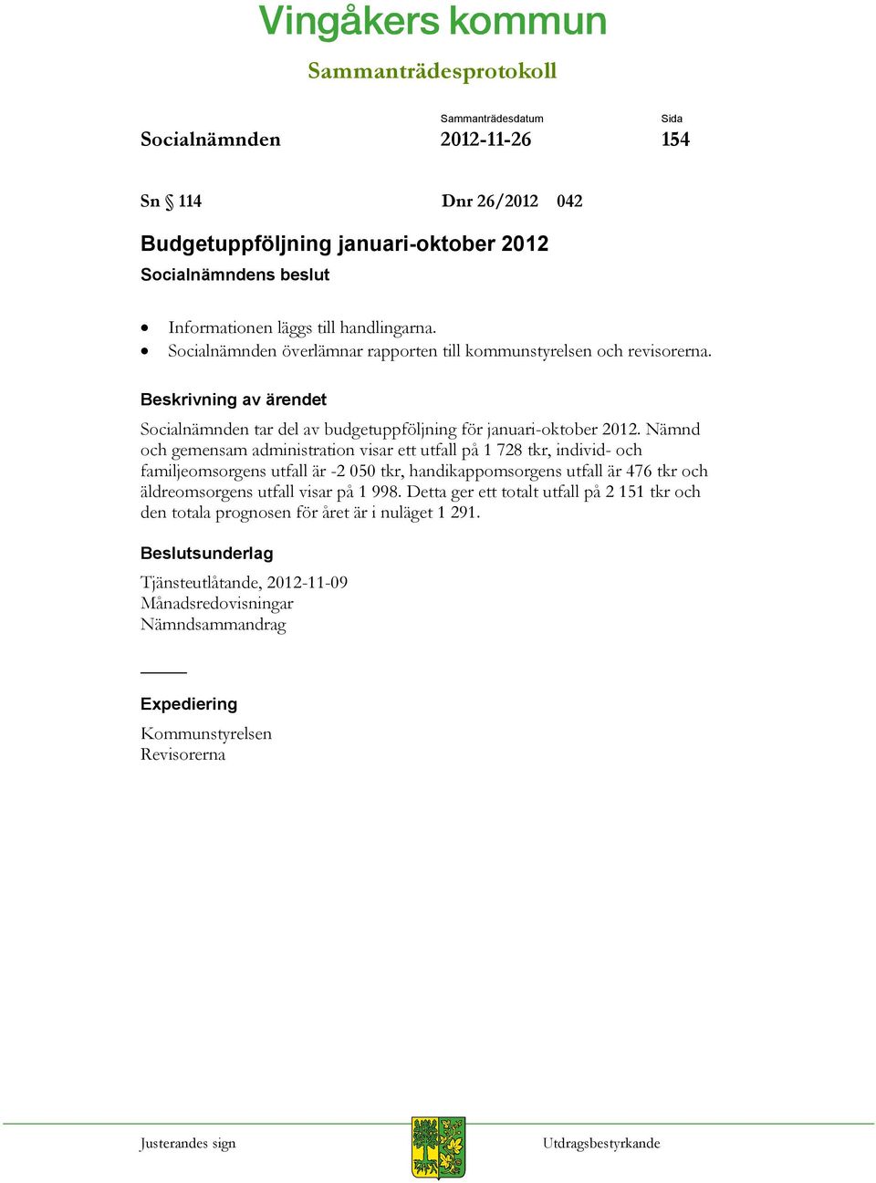 Nämnd och gemensam administration visar ett utfall på 1 728 tkr, individ- och familjeomsorgens utfall är -2 050 tkr, handikappomsorgens utfall är 476 tkr och