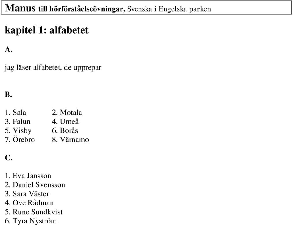 Falun 4. Umeå 5. Visby 6. Borås 7. Örebro 8. Värnamo C. 1. Eva Jansson 2.