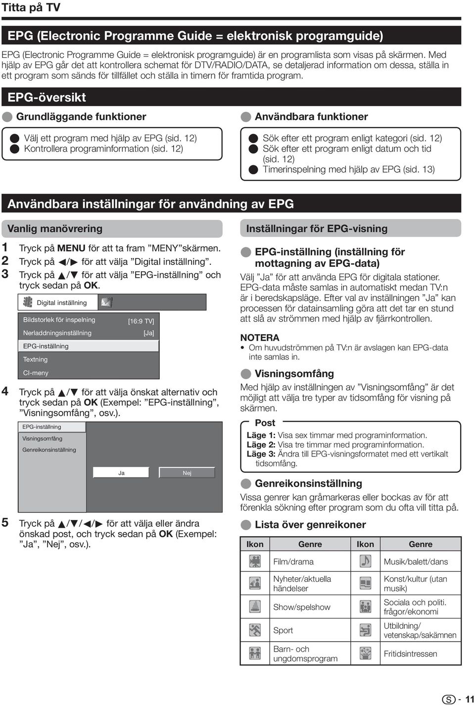 EPG-översikt E Grundläggande funktioner E Välj ett program med hjälp av EPG (sid. ) E Kontrollera programinformation (sid. ) E Användbara funktioner E Sök efter ett program enligt kategori (sid.