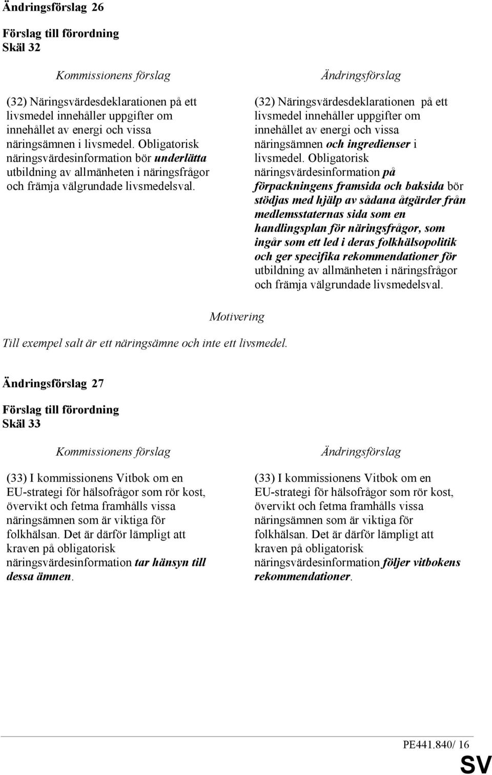 (32) Näringsvärdesdeklarationen på ett livsmedel innehåller uppgifter om innehållet av energi och vissa näringsämnen och ingredienser i livsmedel.