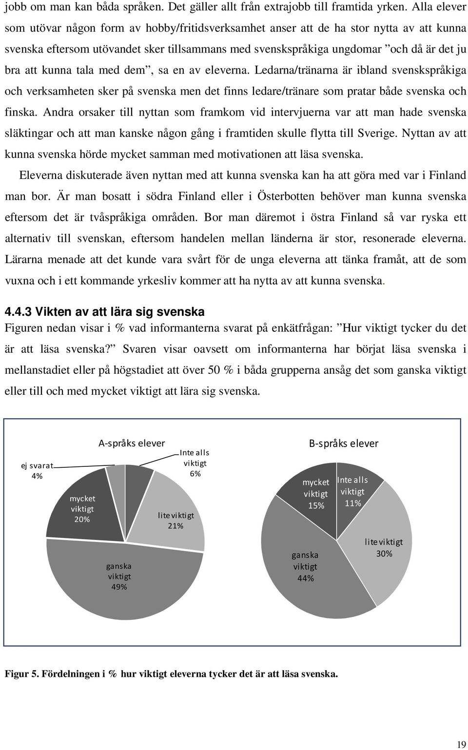 kunna tala med dem, sa en av eleverna. Ledarna/tränarna är ibland svenskspråkiga och verksamheten sker på svenska men det finns ledare/tränare som pratar både svenska och finska.