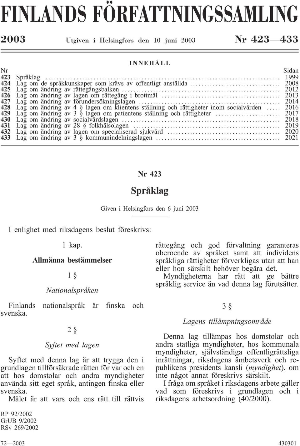 .. 2014 428 Lag om ändring av 4 lagen om klientens ställning och rättigheter inom socialvården... 2016 429 Lag om ändring av 3 lagen om patientens ställning och rättigheter.