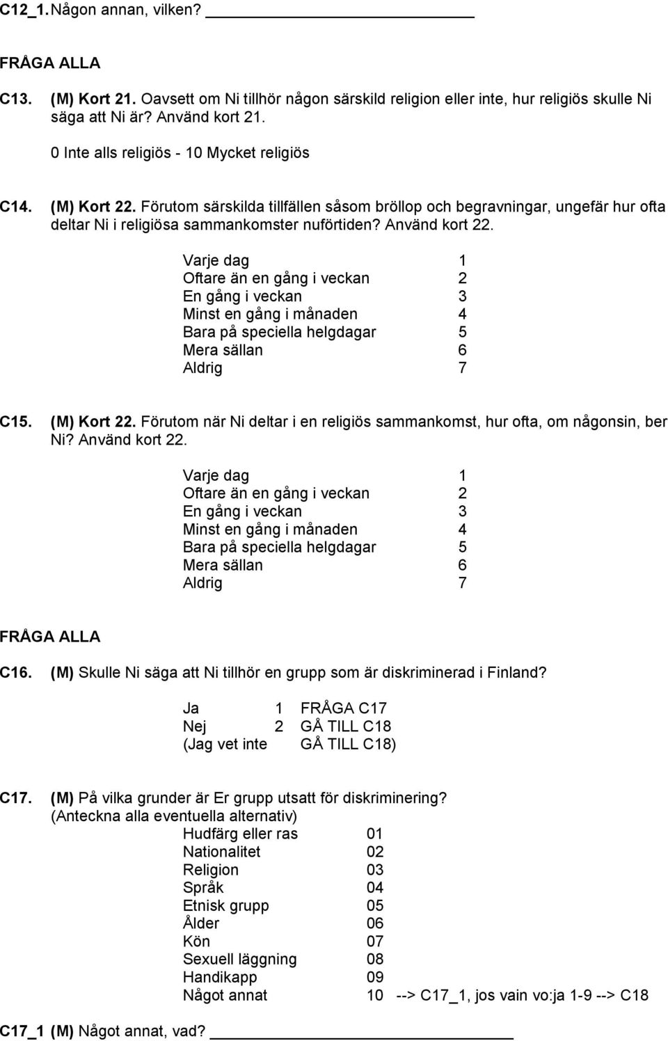 Använd kort 22. Varje dag 1 Oftare än en gång i veckan 2 En gång i veckan 3 Minst en gång i månaden 4 Bara på speciella helgdagar 5 Mera sällan 6 Aldrig 7 C15. (M) Kort 22.