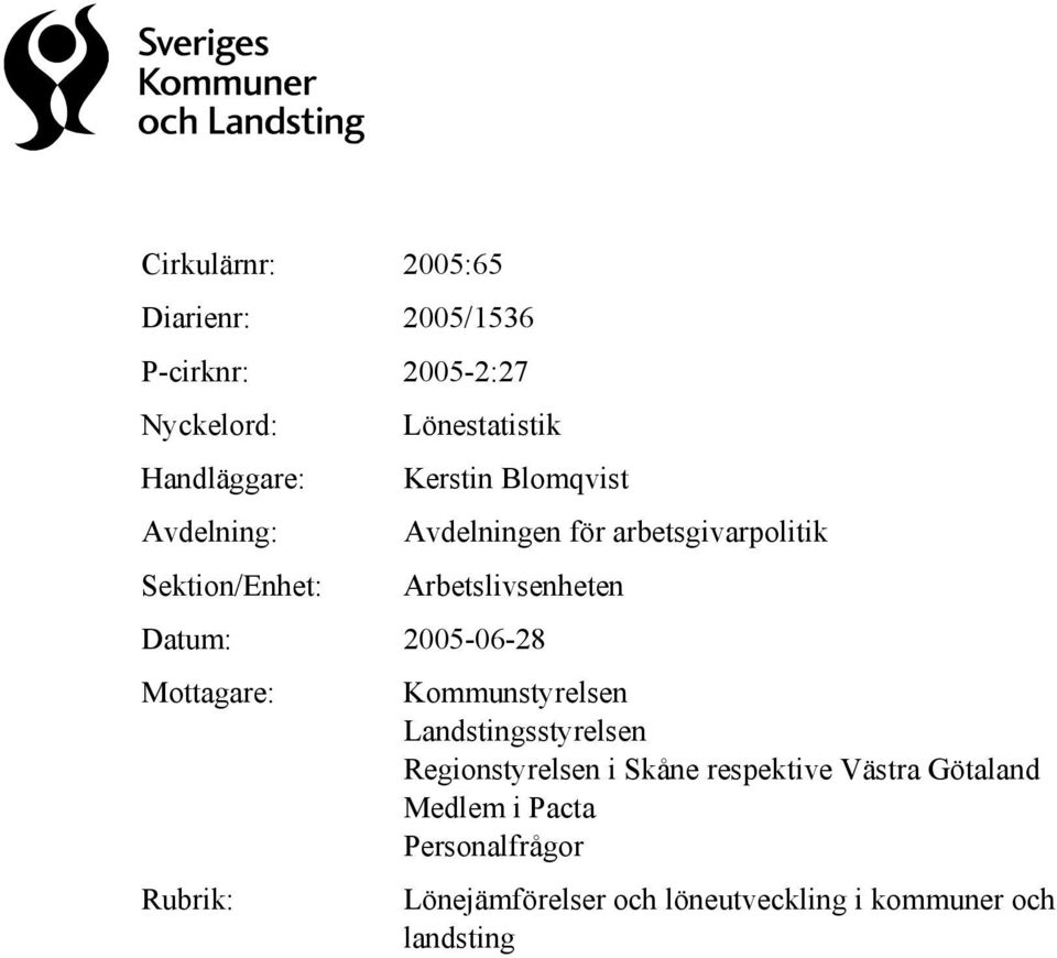 Datum: 2005-06-28 Mottagare: Kommunstyrelsen Landstingsstyrelsen Regionstyrelsen i Skåne respektive