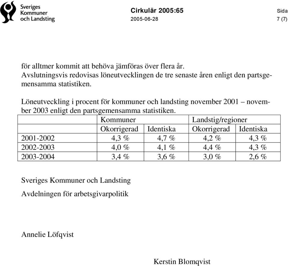 Löneutveckling i procent för kommuner och landsting november 2001 november 2003 enligt den partsgemensamma statistiken.