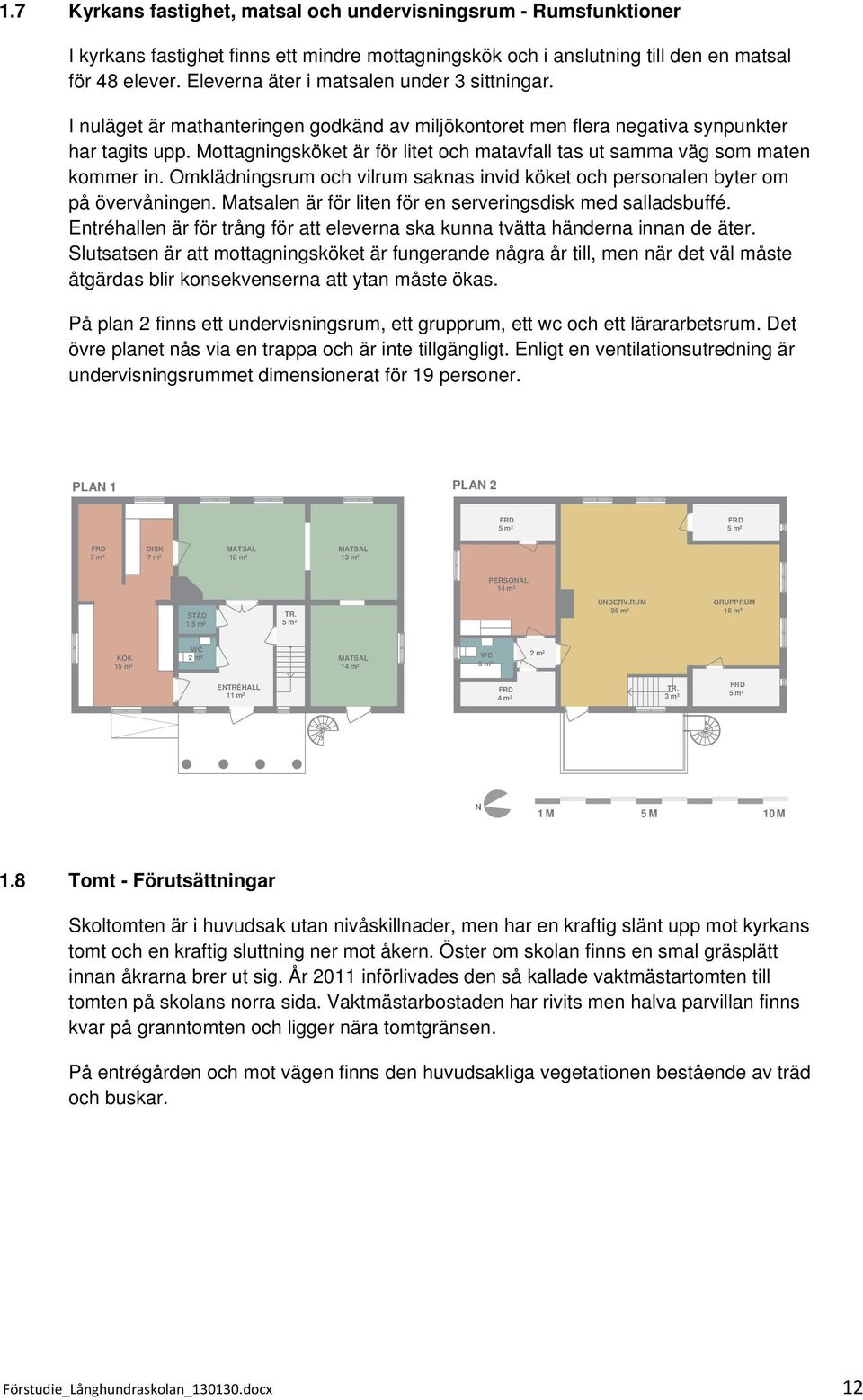 Mottagningsköket är för litet och matavfall tas ut samma väg som maten kommer in. Omklädningsrum och vilrum saknas invid köket och personalen byter om på övervåningen.