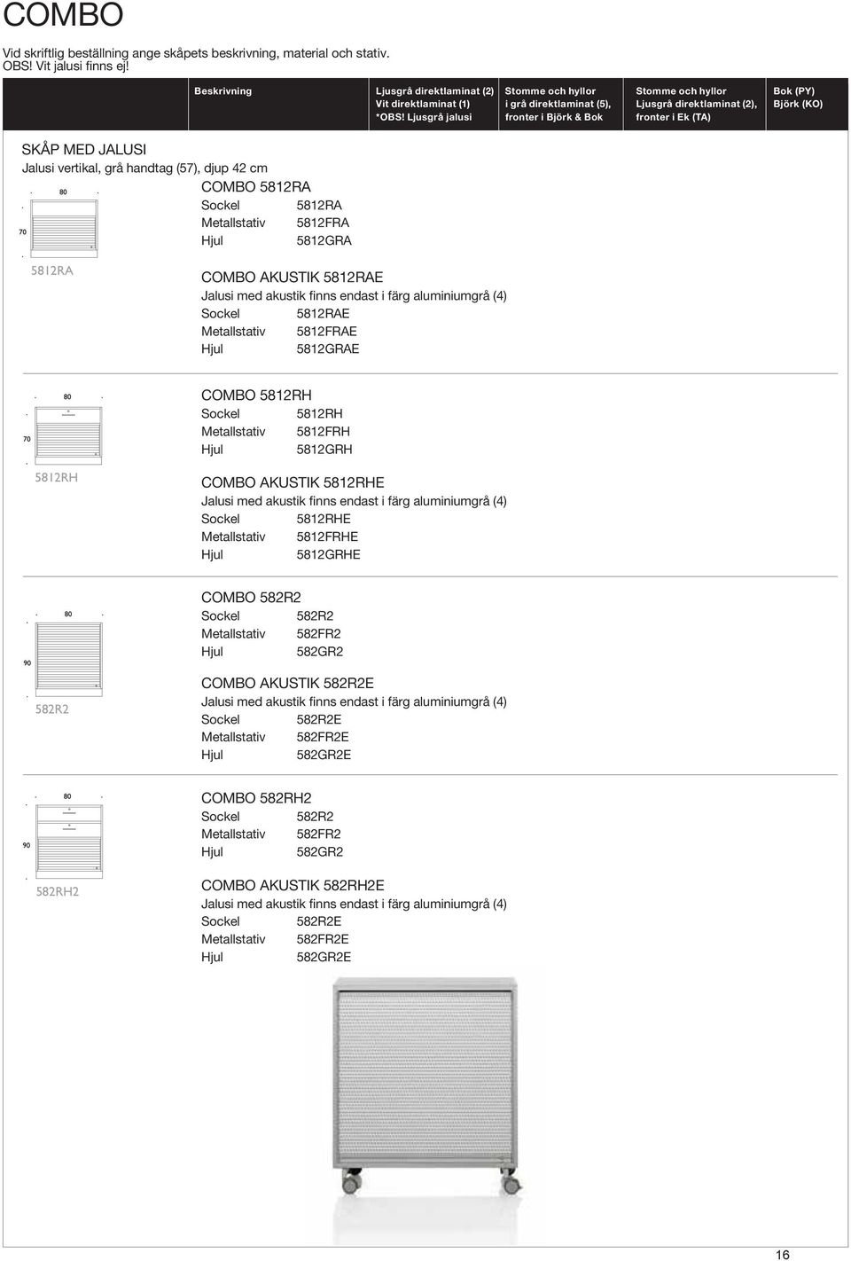 Ljusgrå jalusi fronter i Björk & Bok fronter i Ek (TA) SKÅP MED JALUSI Jalusi vertikal, grå handtag (57), djup 42 cm COMBO 5812RA Sockel 5812RA Metallstativ 5812FRA Hjul 5812GRA 5812RA COMBO AKUSTIK