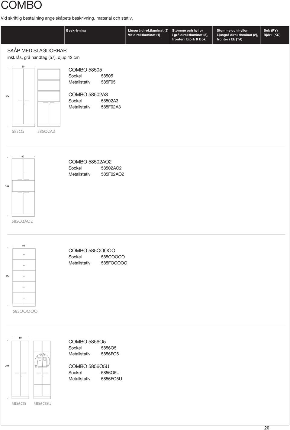 (5), (5), Ljusgrå direktlaminat melamin (2), (2), Björk (KO) (KO*) (2) fronter i i Björk && Bok Bok fronter i i Ek (TA) COMBO 58505 Sockel 58505 Metallstativ 585F05 COMBO 58502A3 Sockel