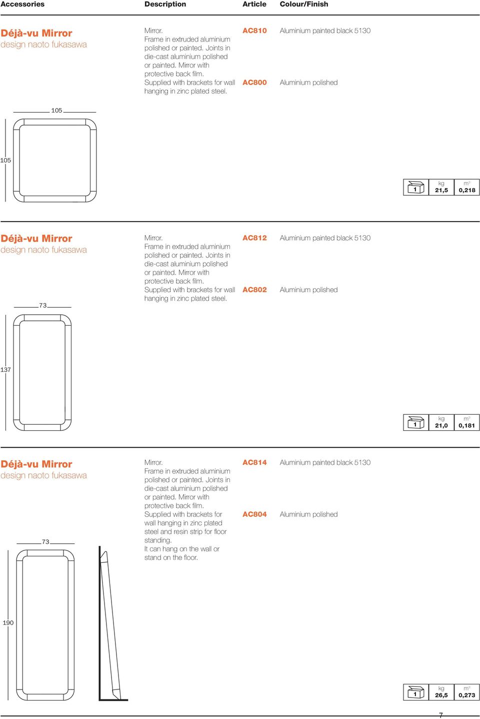 AC810 AC800 Aluminium painted black 5130 Aluminium polished kg m 3 1 21,5 0,218 Déjà-vu Mirror design naoto fukasawa Mirror. Frame in extruded aluminium polished or painted.