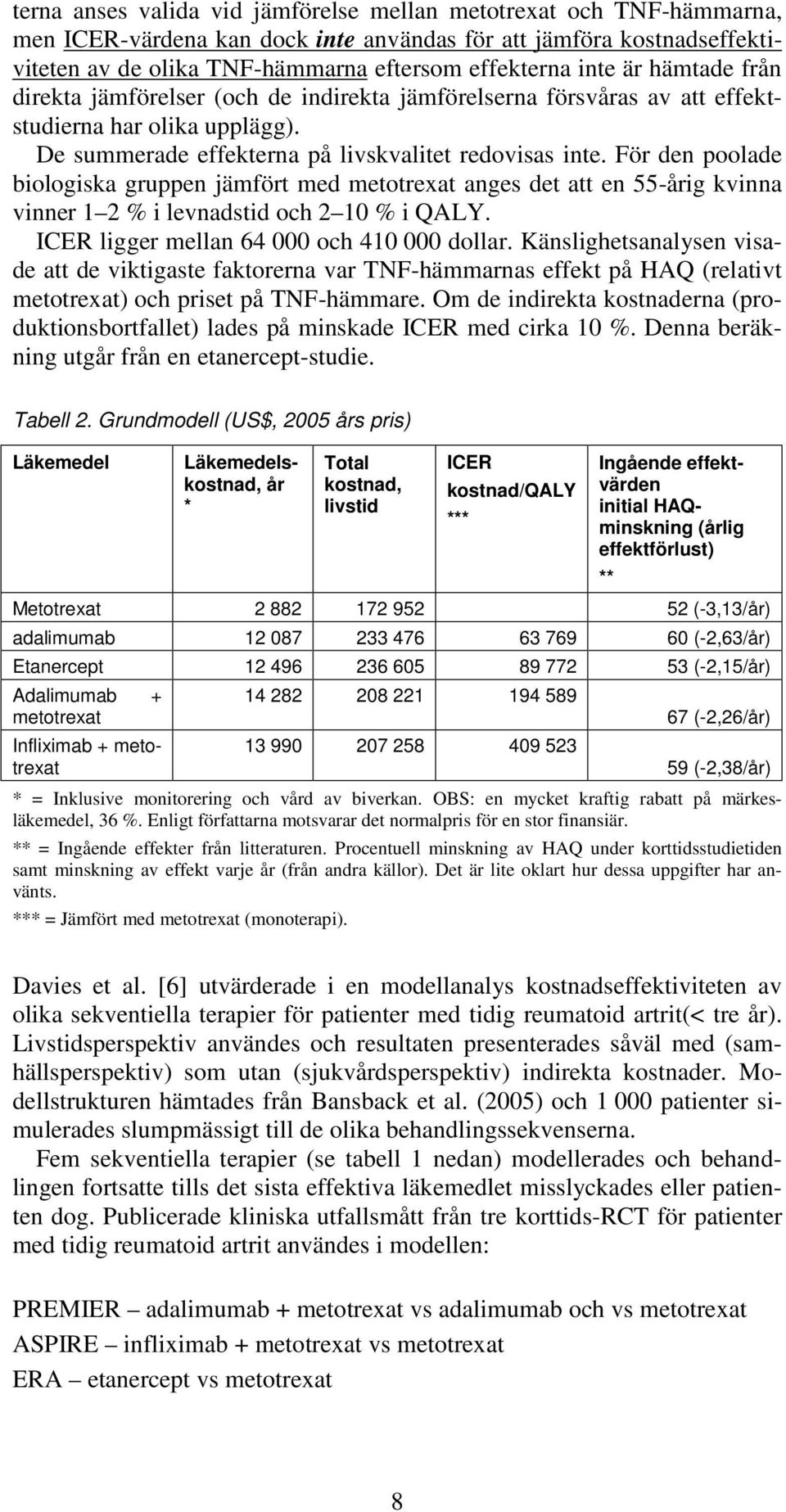 För den poolade biologiska gruppen jämfört med metotrexat anges det att en 55-årig kvinna vinner 1 2 % i levnadstid och 2 10 % i QALY. ICER ligger mellan 64 000 och 410 000 dollar.