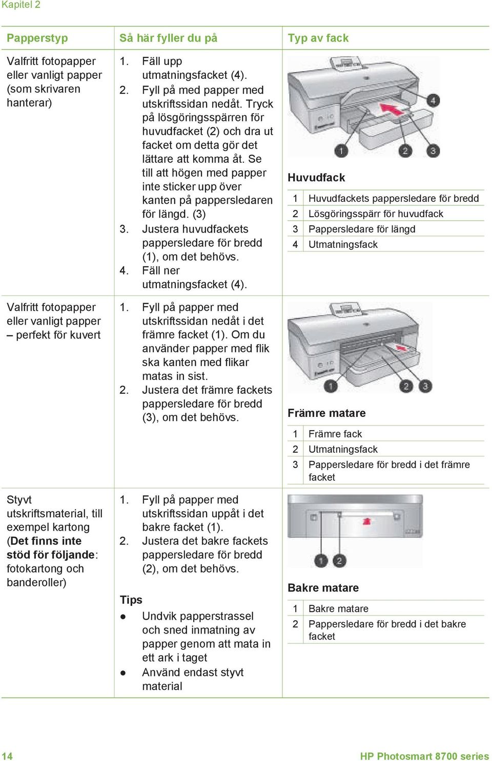 Justera huvudfackets pappersledare för bredd (1), om det behövs. 4. Fäll ner utmatningsfacket (4).