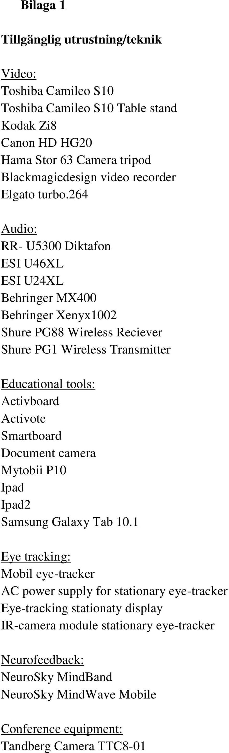 264 Audio: RR- U5300 Diktafon ESI U46XL ESI U24XL Behringer MX400 Behringer Xenyx1002 Shure PG88 Wireless Reciever Shure PG1 Wireless Transmitter Educational tools: Activboard